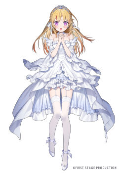 1girl bare_shoulders blonde_hair blush braid breasts commentary_request copyright_notice ctd_114 detached_sleeves dress first_stage_production full_body garter_straps hair_ribbon highres hinomiya_himari long_hair looking_at_viewer medium_breasts official_art open_mouth own_hands_clasped own_hands_together purple_eyes ribbon shoes simple_background solo standing strapless strapless_dress thighhighs tiara virtual_youtuber white_background white_dress white_ribbon white_shoes white_sleeves white_thighhighs