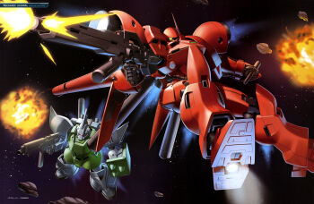 absurdres aiming artist_request assault_rifle asteroid battle beam_rifle energy_gun explosion firing gelgoog gelgoog_marine gerbera_tetra gun gundam gundam_0083 gundam_perfect_file highres machine_gun machinery mecha mecha_focus mobile_suit official_art one-eyed radio_antenna realistic rifle robot scene_reference science_fiction shield space thrusters weapon zeon