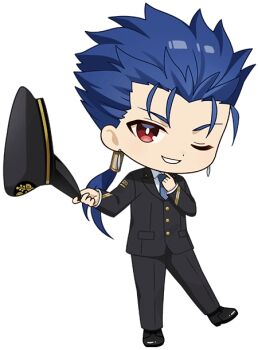 1boy artist_request black_hat black_jacket black_pants black_shoes black_suit blue_hair chibi chibi_only collared_shirt cu_chulainn_(fate) cu_chulainn_(lancer)_(fate) earrings fate/grand_order fate_(series) formal_clothes full_body gloves hair_tubes hat holding holding_unworn_clothes holding_unworn_hat jacket jewelry long_hair long_sleeves looking_at_viewer male_focus necktie official_art one_eye_closed open_mouth pants peaked_cap ponytail promotional_art red_eyes second-party_source shirt shoes single_hair_tube smile solo standing suit train_conductor transparent_background unworn_hat unworn_headwear white_gloves white_shirt