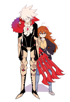 1boy 1girl :3 absurdres armor armored_boots bag between_breasts black_bodysuit black_cardigan blue_eyes bodysuit boots breasts brown_eyes brown_hair cardigan commentary_request denim expressionless fate/extra fate/extra_ccc fate_(series) full_body glasses greaves hair_over_one_eye hand_on_own_hip high_collar highres hunched_over jeans jinako_carigiri karna_(fate) long_hair looking_at_viewer pale_skin pants rokkasana shirt shoes shoulder_bag simple_background smug sneakers spiked_hair standing strap_between_breasts white_hair white_shirt
