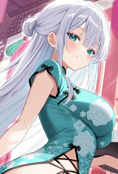 1girl absurdres aqua_dress aqua_eyes armpit_crease breasts china_dress chinese_clothes commentary_request cowboy_shot dress floral_print floral_print_dress from_side grin hair_bun hair_ornament half_updo highres holding holding_tray impossible_clothes impossible_dress large_breasts long_hair looking_at_viewer looking_to_the_side melonbooks motsunuki original pelvic_curtain print_dress short_sleeves side-tie_peek sidelocks smile solo tassel tassel_hair_ornament tray upper_body white_hair