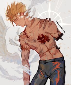 Rule 34 | 1boy, amputee, armless amputee, blonde hair, bourbonciely, closed eyes, collarbone, commentary, contrapposto, english commentary, feathered wings, highres, injury, male focus, missing limb, pants, parted lips, profile, scar, scar on arm, scar on chest, scar on shoulder, short hair, solo, teeth, toned, toned male, topless male, trigun, vash the stampede, white wings, wings