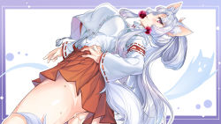 1girl ajishio animal_ear_fluff animal_ears ass blush breasts commentary_request fox_ears from_below hair_tubes hand_on_own_hip high_ponytail highres large_breasts long_hair long_sleeves looking_at_viewer open_mouth parted_bangs pleated_skirt ponytail purple_eyes ribbon-trimmed_sleeves ribbon_trim sidelocks skirt smile solo suggestive_fluid sweat touhoku_itako voiceroid white_hair wide_sleeves