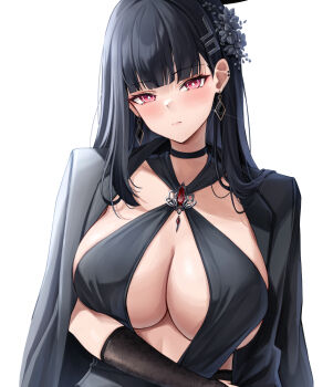 Rule 34 | 1girl, alternate costume, black bridal gauntlets, black coat, black hair, black halo, black nails, blue archive, breasts, bridal gauntlets, bright pupils, cleavage, closed mouth, coat, coat on shoulders, collarbone, commentary, criss-cross halter, cropped, earrings, fingernails, hair behind ear, hair ornament, halo, halterneck, jewelry, lancheu, large breasts, long hair, looking at viewer, millennium science school logo, nail polish, red eyes, revision, rio (blue archive), side slit, simple background, solo, untranslatable commentary, upper body, white background, white pupils
