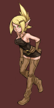 Rule 34 | 1girl, ankama, blonde hair, boots, cra (wakfu), cra f, evangelyne (wakfu), female focus, green eyes, highres, pointy ears, rich s, simple background, solo, thigh boots, thighhighs, wakfu, zettai ryouiki