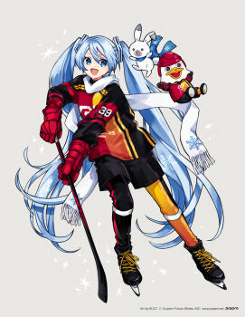1girl 39 :d asia_league_ice_hockey asymmetrical_legwear bird black_shorts blue_eyes blue_hair blue_scarf buzz_(moi) commentary copyright_notice eagle full_body gloves hair_tie hatsune_miku highres hockey_gloves hockey_stick hockey_sweater hockey_uniform holding_hockey_stick ice_hockey ice_skates ice_skating jersey long_hair long_sleeves looking_at_viewer looking_to_the_side mascot mismatched_legwear number_print official_alternate_costume official_art open_mouth pants rabbit rabbit_yukine red_eagles_hokkaido red_gloves scarf shorts simple_background skates skating smile snowflake_print solo translated twintails uniform_number very_long_hair vocaloid washito-kun white_background white_rabbit_(animal) white_scarf yuki_miku