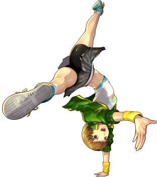 1girl absurdres bike_shorts breasts brown_eyes brown_hair crop_top dancing foreshortening full_body green_jacket handstand highres houndstooth jacket midriff official_art one_arm_handstand open_clothes open_jacket open_mouth oribe_hanako persona persona_4 persona_4:_dancing_all_night persona_dancing pleated_skirt satonaka_chie shoes short_hair skirt small_breasts smile sneakers socks solo sweatband third-party_source transparent_background upside-down wristband