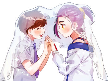 Rule 34 | 2boys, :d, blush, brown hair, closed eyes, closed mouth, collared shirt, commentary request, florian (pokemon), from side, hands up, highres, jacket, kieran (pokemon), looking at another, male focus, mochi (mocchi p 2m), multicolored hair, multiple boys, necktie, nintendo, open mouth, pokemon, pokemon sv, purple hair, purple necktie, shirt, short hair, short sleeves, smile, teeth, two-tone hair, upper teeth only, veil, white background, white jacket, yellow eyes