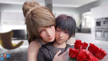 1boy 1girl 3d age_difference black_hair blender_(medium) blonde_hair couple final_fantasy final_fantasy_xv flower height_difference hetero highres hug kudarizaka looking_at_viewer lunafreya_nox_fleuret noctis_lucis_caelum one_eye_closed rose shota size_difference