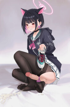 1futa absurdres animal_ears ass black_choker black_hair black_pantyhose blue_archive blunt_ends blush breasts cat_ears choker chuck_(harfmoondark) clenched_teeth colored_inner_hair commentary_request cum cum_in_footwear cum_string egg_vibrator erection extra_ears feet futanari green_sailor_collar hair_ornament hairclip halo highres holding holding_shoes holding_unworn_clothes hood hood_down hooded_jacket jacket kazusa_(blue_archive) knee_up legs long_sleeves medium_breasts miniskirt multicolored_hair neckerchief no_shoes pantyhose penis pink_hair pink_neckerchief pleated_skirt red_eyes sailor_collar school_uniform serafuku sex_toy shoes short_hair single_horizontal_stripe sitting skirt sneakers soles solo sweat teeth testicles thighband_pantyhose toes torn_clothes torn_pantyhose two-tone_hair uncensored unworn_shoes veins veiny_penis vibrator vibrator_on_penis white_skirt