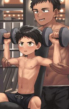 2boys abs absurdres armpits arms_up black_hair blush bulge child concentrating elementary_school_age exercising focused grey_eyes gym gym_shorts highres komorebi_(artist) male_focus male_underwear male_underwear_peek multiple_boys navel nipples no_shirt older_male_and_younger_male open_mouth original pectorals short_hair shorts sitting size_difference smile spread_legs standing sweatdrop tan toned topless_male underwear underwear_peek weightlifting yellow_eyes you_gonna_get_raped