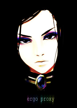 1girl bad_id bad_pixiv_id black_background black_eyes black_hair brooch closed_mouth copyright_name ergo_proxy eyeshadow female_focus highres jewelry long_hair looking_at_viewer makeup masami_chie pale_skin portrait re-l_mayer simple_background solo