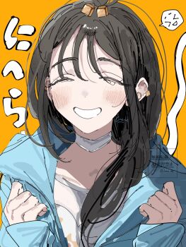 1girl black_hair blue_hoodie blush choker closed_eyes commentary_request cube_hair_ornament ear_piercing grin hair_ornament hands_up happy highres hood hoodie lida_(pokemon) long_hair long_sleeves nintendo orange_background piercing pokemon pokemon_legends:_z-a shirt signature sleeves_past_wrists smile solo teeth translation_request ume_(ume_445) upper_body
