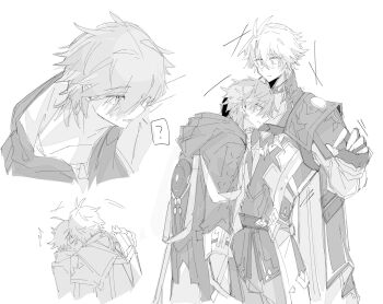 ? ^^^ antenna_hair arm_ribbon armor belt caelus_(honkai:_star_rail) cape choker closed_mouth coat collarbone cowboy_shot fingerless_gloves from_behind gloves greyscale hair_between_eyes hands_up highres hki_8b honkai:_star_rail honkai_(series) hood hooded_coat jacket kiss lapels long_sleeves looking_at_another monochrome multiple_views neck_tattoo open_clothes open_coat open_mouth pants phainon_(honkai:_star_rail) ribbon shirt short_hair shoulder_armor simple_background speech_bubble spoken_question_mark standing sun_symbol sun_tattoo surprise_kiss surprised sweatdrop t-shirt tan tattoo trailblazer_(honkai:_star_rail) two-sided_cape two-sided_coat two-sided_fabric upper_body wide-eyed yaoi