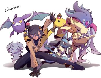 1girl absurdres ampharos artist_name bat_wings black_bodysuit black_hair bodysuit bodysuit_under_clothes brown_fur brown_jacket commentary crobat dark-skinned_female dark_skin emma_(pokemon) english_commentary espurr full_body gen_2_pokemon gen_4_pokemon gen_6_pokemon grey_fur hand_up highres jacket looking_at_viewer lopunny lucario malamar nintendo pokemon pokemon_(creature) pokemon_legends:_z-a pokemon_team short_hair siderfkh12 simple_background solo white_background wings