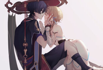1boy 1girl ahoge arm_cutout armor black_eyes black_gloves black_hair black_kimono black_sleeves blonde_hair blue_feathers blue_trim blunt_ends cheek_press clothing_cutout detached_sleeves dress elpheltel eye_contact face-to-face feather_hair_ornament feathers genshin_impact gloves gold gold_trim grabbing_another&#039;s_face grey_veil hair_ornament halterneck hand_on_another&#039;s_face hand_on_another&#039;s_hand hands_up hat head_grab hetero highres holding_another&#039;s_wrist japanese_armor japanese_clothes jewelry jingasa juban kimono kneeling kote kurokote layered_sleeves leaning_on_person looking_at_another lumine_(genshin_impact) neck_ring open_mouth parted_lips partially_fingerless_gloves purple_eyes purple_sash purple_sleeves red_hat red_kimono red_sash sash scaramouche_(genshin_impact) short_hair short_hair_with_long_locks short_sleeves sidelighting sidelocks single_sode sitting sweat sweatdrop tsurime vambraces veil white_background white_dress white_kimono white_mouth white_sleeves yellow_eyes