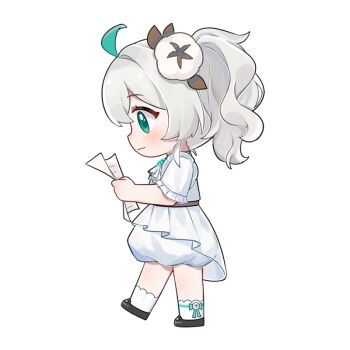 Rule 34 | 1girl, ahoge, blush, chibi, closed mouth, commentary request, dress, flower, from side, full body, green eyes, green hair, grey hair, hair flower, hair ornament, holding, holding paper, paper, ponytail, profile, quanmian shidai, shoes, short sleeves, side ponytail, simple background, smile, socks, solo, virtual youtuber, wen xiaomian, wenxiaomian family, white background, white dress, white hair, white socks