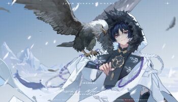 1boy absurdres aiguillette animal animal_on_shoulder arm_at_side armor bald_eagle bird bird_on_shoulder black_shirt blunt_ends clear_sky closed_mouth coat commission eagle eyelashes eyeliner eyeshadow fatui_coat fur-trimmed_coat fur-trimmed_hood fur_trim genshin_impact gold_ring grey_sky hand_up head_tilt highres hood hood_up hooded_coat japanese_armor kote kurokote lapels looking_at_viewer makeup male_focus mandarin_collar mitsudomoe_(shape) mountain open_clothes open_coat purple_eyes purple_rope purple_sash red_eyeliner red_eyeshadow rope sash scaramouche_(genshin_impact) shimenawa shirt signature sky solo tomoe_(symbol) tsurime watermark white_coat white_hood white_rope wispy_bangs yonagi_th