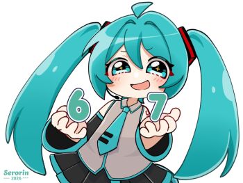 Rule 34 | 1girl, 2026, 67 (meme), ahoge, aqua eyes, aqua hair, aqua necktie, arm tattoo, bare shoulders, black skirt, black sleeves, chibi, chibi only, collared shirt, commentary, derivative work, detached sleeves, grey shirt, hatsune miku, headphones, highres, light blush, long hair, meme, necktie, number tattoo, open mouth, pleated skirt, serotorin, shirt, simple background, skirt, tattoo, tie clip, twintails, vocaloid, white background