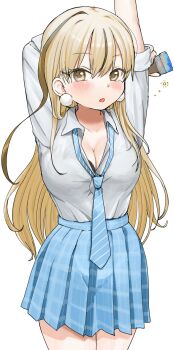 1girl absurdres arm_behind_head arm_up blonde_hair blue_bow blue_bowtie blue_skirt blush bow bowtie breasts chushui_(izumi617) cleavage collared_shirt commentary cowboy_shot earrings highres holding holding_brush jewelry large_breasts long_hair looking_at_viewer open_mouth original pleated_skirt school_uniform shirt shirt_tucked_in simple_background skirt solo white_background white_shirt yellow_eyes