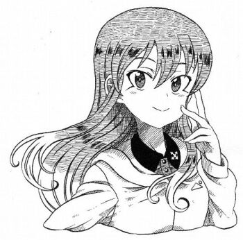 Rule 34 | 1girl, akaiwa1, collared shirt, commentary request, girls und panzer, girls und panzer little army, graphite (medium), greyscale, hood, hoodie, kuromorimine school uniform, light smile, long hair, looking at viewer, lowres, monochrome, school uniform, sheska (girls und panzer), shirt, smile, smug, solo, traditional media, upper body, white background, white hoodie