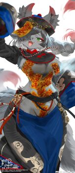 Rule 34 | 1girl, absurdres, animal ears, animal nose, arm up, arms up, bead necklace, beads, black hair, black hanfu, blue hanfu, blush, breasts, chain, chinese clothes, coin, coin hair ornament, commentary request, commission, dynamic pose, english text, facial mark, fangs, fox ears, fox tail, from below, furry, furry female, gold coin, gold trim, green eyes, grey fur, hair ornament, hanfu, hat, highres, jewelry, jiangshi, large breasts, large tail, looking at viewer, messy hair, midriff, multiple tails, nashinoro kikuri, navel, necklace, ofuda, open mouth, original, prayer beads, red eyes, red trim, short hair, simple background, skeb commission, snout, solo, standing, tail, talisman, thick thighs, thighs, watermark, white background, white tail, wide hips