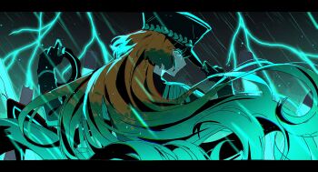 1girl aiguillette anchor aqua_background aqua_eyes aqua_hair black_border black_coat black_gloves black_hat blind_obsession_(e.g.o) border coat e.g.o_(project_moon) epaulettes fluorescent_lamp gloves gradient_hair hat highres holding holding_anchor ishmael_(project_moon) lightning limbus_company long_hair looking_at_viewer military_hat multicolored_hair orange_hair peaked_cap project_moon rain simple_background solo tori_(pippikasu) upper_body