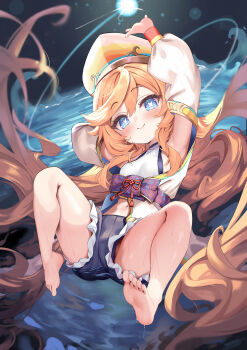 1girl absurdres barefoot blue_eyes commentary_request copyright_request feet highres long_hair nyahu_(nyahu_77) shorts smile solo toes variant_set very_long_hair