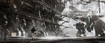 1girl absurdres bare_legs black_coat black_hair catwalk_(walkway) chain coat commentary day english_commentary engrish_commentary gun highres holding holding_gun holding_weapon long_hair looking_back lucia_(pgr) machinery people punishing:_gray_raven rifle scenery science_fiction sparks standing straight_hair very_wide_shot weapon welding zi_dianli_chang