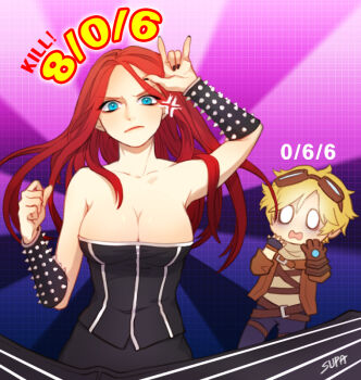 1boy 1girl alternate_costume alternate_hair_color alternate_hairstyle artist_request belt black_dress black_nails blonde_hair blue_eyes bracelet breasts cleavage dress ezreal frown gameplay_mechanics gloves goggles goggles_on_head jewelry large_breasts league_of_legends long_hair looking_at_viewer nail_polish no_pupils pentakill_(league_of_legends) pentakill_sona red_hair short_hair sona_(league_of_legends) spiked_bracelet spikes strapless strapless_dress surprised white_eyes