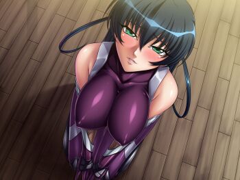00s 1girl :o armor bare_shoulders black_hair blush bodysuit breasts breasts_out cleavage dutch_angle elbow_gloves female_focus fishnets from_above game_asset gloves green_eyes hair_between_eyes hands_on_own_knees igawa_asagi indoors kagami_hirotaka kneeling large_breasts long_hair looking_at_viewer looking_up ninja nipples no_bra on_floor open_mouth pov puffy_nipples purple_bodysuit purple_gloves saliva seiza shadow shiny_skin sitting solo submission sweat taimanin_(series) taimanin_asagi torn_bodysuit torn_clothes turtleneck two_side_up v_arms visual_novel_cg wooden_floor zarei