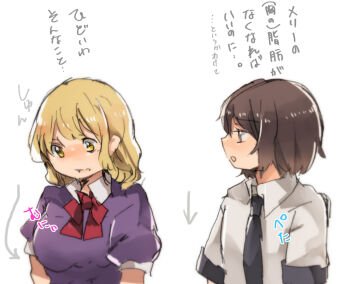2girls black_necktie blonde_hair blush bow brown_eyes brown_hair dress looking_at_another maribel_hearn medium_hair multiple_girls necktie no_headwear puffy_short_sleeves puffy_sleeves purple_dress shirt short_hair short_sleeves shukinuko touhou translation_request upper_body usami_renko white_shirt yellow_eyes