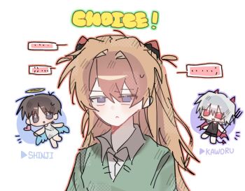 angel angel_wings blue_eyes blue_sky_crying chibi collared_shirt commentary_request demon demon_horns demon_tail demon_wings frown halo horns ikari_shinji interface_headset_(evangelion) korean_commentary long_hair nagisa_kaworu neon_genesis_evangelion orange_hair pitchfork shirt shoulder_angel shoulder_devil souryuu_asuka_langley tail wand wings