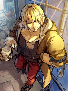 Rule 34 | 1boy, armband, black armband, black boots, black gloves, black shirt, blonde hair, boots, brown eyes, closed mouth, coat, collarbone, commentary request, cup, disposable coffee cup, disposable cup, facial hair, fingerless gloves, gloves, hand on own hip, highres, holding, holding cup, hood, hooded coat, jewelry, ken masters, looking to the side, male focus, necklace, pants, pendant, red pants, sassa (cb), shirt, short hair, solo, standing, street fighter, street fighter 6, window, yellow coat