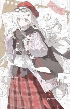 1girl ame_ame bag brown_scarf cardigan closed_mouth commission cowboy_shot eyewear_on_head glasses hair_between_eyes hand_up hat highres long_hair long_sleeves looking_at_viewer mihuashi_commission open_cardigan open_clothes original plaid_clothes plaid_skirt purple_cardigan red_eyes red_hat red_skirt scarf shirt skirt solo watermark white_hair white_shirt