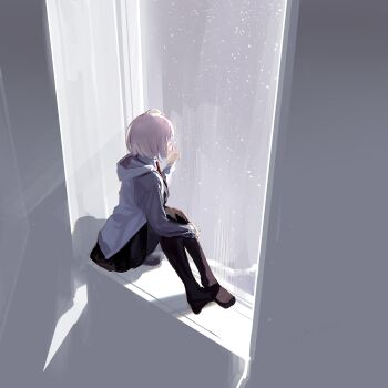 1girl black_pantyhose collared_shirt facing_away fate/grand_order fate_(series) full_body highres hood hooded_jacket indoors jacket mash_kyrielight necktie pantyhose purple_hair red_necktie shirt short_hair sitting skirt solo ubwmitekure window