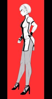 1girl armband bracelet breasts china_dress chinese_clothes commentary_request dress from_side full_body greyscale_with_colored_background hand_on_own_hip high_heels highres jewelry lee_(dragon_garou) medium_breasts muscular muscular_female nail_polish original pantyhose red_background serious short_hair side_slit solo taut_clothes taut_dress tight_clothes tight_dress v-shaped_eyebrows