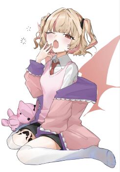 1girl :o black_ribbon black_skirt blonde_hair collared_shirt commentary fang fingernails full_body hair_ribbon hand_up heart heart_tattoo highres jacket jacket_partially_removed leg_tattoo makaino_ririmu miniskirt nail_polish necktie nijisanji one_eye_closed open_mouth over-kneehighs pink_hair pink_nails pink_sweater_vest pink_wings red_eyes red_necktie ribbon shirt short_hair simple_background sitting skin_fang skirt socks solo stuffed_toy suba121900 sweater_vest symbol-only_commentary tattoo thighhighs two_side_up virtual_youtuber wariza white_background white_shirt white_socks wing_collar wings yawning