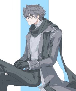 Rule 34 | 1boy, black gloves, black pants, black scarf, blue background, brown hair, coat, commentary, crossed legs, glasses, gloves, grey coat, grey sweater, honkai (series), honkai impact 3rd, male focus, pants, pokashi, scarf, sitting, solo, sweater, symbol-only commentary, welt yang, white background