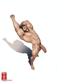 1boy abs armpit_hair artist_name bara barefoot brown_hair commentary completely_nude crawndown dispatch english_commentary facial_hair full_body half-erect highres male_focus male_pubic_hair muscular muscular_male mustache mutton_chops navel nipples nude pectorals penis phenomaman_(dispatch) pubic_hair shadow short_hair solo stretching testicles