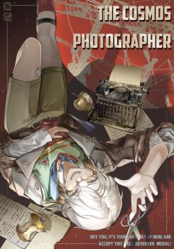 Rule 34 | 1other, androgynous, apple, artist logo, bitten apple, blue necktie, brown hair, brown jacket, brown shorts, collared shirt, colored tips, english text, food, food bite, fruit, glasses, green vest, halftone, halftone background, hand on own chest, hand up, highres, holding, holding scissors, jacket, leg up, legwear garter, logo, looking at viewer, lying, maruma gozu, medicine pocket, medicine pocket (the cosmos photographer), medium hair, multicolored hair, necktie, official alternate costume, on back, paper, red background, red socks, red vest, reverse:1999, scissors, shirt, shorts, socks, solo, sweater vest, two-tone vest, typewriter, upside-down, vest, white hair, white shirt, yellow eyes