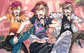 3girls backwards_hat baseball_cap black_pants black_shirt blank_eyes blonde_hair blue_pants brown_pants commentary_request facing_viewer grey_hair hat heanna_sumire highres holding holding_microphone jacket kicking leg_up long_hair love_live! love_live!_superstar!! microphone midriff_peek multiple_girls open_clothes open_jacket orange_hair orange_shirt pants red_hat shibuya_kanon shirt short_hair short_sleeves sideways_hat sleeveless sleeveless_shirt tang_keke v-shaped_eyebrows v-shaped_eyes white_jacket yukitake_(bullfalk)