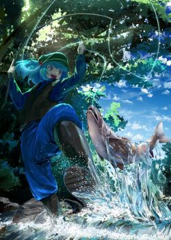 1girl :d black_footwear black_vest blue_eyes blue_hair blue_jumpsuit blue_sky newsboy_cap cloud dappled_sunlight fishing fishing_line fishing_rod from_below full_body green_hat hair_bobbles hair_ornament hat holding holding_fishing_rod jumpsuit kawashiro_nitori kiyonetto open_mouth outdoors salmon sky smile splashing standing stream sunlight touhou tree two_side_up under_tree vest vest_pouch wading water water_drop