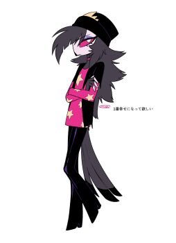 1girl beak beanie black_boots black_hat black_jacket boots choker closed_mouth colored_sclera commentary_request crossed_arms dress eyeshadow feathers fewer_digits fingerless_gloves flat_chest from_side frown full_body furry furry_female gloves grey_gloves grey_hair hat hellaverse helluva_boss high_heel_boots high_heels highres jacket knees_together_feet_apart layered_sleeves long_hair long_sleeves makeup menma_(enaic31) no_pupils octavia_(helluva_boss) open_clothes open_jacket owl_girl pink_choker pink_dress pink_sclera profile purple_eyeshadow short-sleeved_jacket short_dress short_over_long_sleeves short_sleeves signature simple_background solo standing standing_on_one_leg star_(symbol) star_print translation_request very_long_hair white_background white_eyes