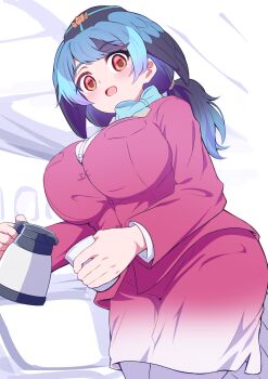 1girl airplane_interior alternate_costume black_hair blue_hair blush bow breast_pocket breasts brown_eyes button_shirt buttons coffee coffee_pot cup dress empty_eyes female_focus hat head_wings highres holding holding_coffee_pot holding_cup indoors jacket kemono_friends large_breasts looking_at_viewer mamiyama medium_hair multicolored_hair open_mouth pantyhose passenger_pigeon_(kemono_friends) pocket red_jacket red_skirt shirt skirt smile solo standing thighs twintails upper_body white_background white_shirt wings