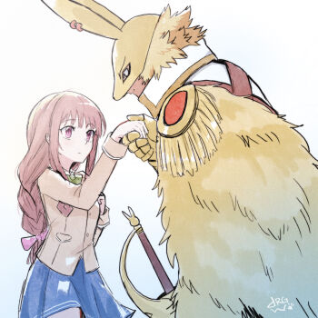 1boy 1girl blonde_hair bow brown_hair brown_jacket cape coat dark-skinned_male dark_skin diarbbitmon digimon digimon_ghost_game dragonwilbert epaulettes fur_cape hair_bow high_collar highres holding_hands jacket long_hair looking_at_another low-tied_long_hair mask pink_eyes rabbit_mask rapier school_uniform short_hair side_cape simple_background single_epaulette skirt sword tsukiyono_ruli weapon white_background white_coat