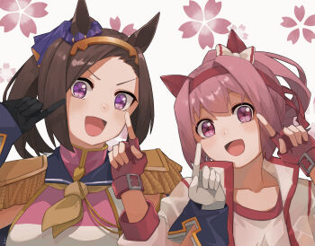 2girls :d absurdres animal_ears asymmetrical_gloves black_gloves bow brown_hair brown_neckerchief collarbone commentary ear_bow epaulettes fingerless_gloves floral_background flower-shaped_pupils forehead gloves grey_background gym_shirt hairband haru_urara_(bestest_prize)_(umamusume) haru_urara_(umamusume) highres horse_ears jacket kogeta_kaori mismatched_gloves multiple_girls neckerchief open_clothes open_jacket open_mouth pink_hair ponytail purple_eyes red_gloves red_hairband sakura_bakushin_o_(blossom_in_learning)_(umamusume) sakura_bakushin_o_(umamusume) shirt simple_background smile symbol-only_commentary symbol-shaped_pupils umamusume upper_body v-shaped_eyebrows white_bow white_gloves white_jacket white_shirt