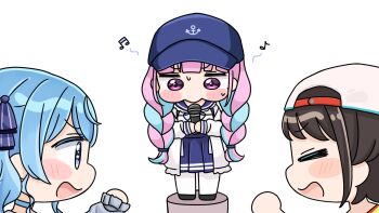 3girls :d baseball_cap beamed_sixteenth_notes black_hair black_shoes blue_eyes blue_hair blue_hat blue_sailor_collar blue_skirt bow braid cardigan chibi closed_eyes eighth_note grey_cardigan hair_bow hat highres holding holding_microphone hololive hoshimachi_suisei hoshimachi_suisei_(sailor) jacket long_hair long_sleeves low_twintails microphone minato_aqua minato_aqua_(sailor) mochimiko multicolored_hair multiple_girls musical_note oozora_subaru oozora_subaru_(1st_costume) open_clothes open_jacket open_mouth pantyhose pleated_skirt puffy_long_sleeves puffy_sleeves sailor_collar school_uniform serafuku shirt shoes sideways_hat simple_background skirt sleeves_past_wrists smile standing star_(symbol) star_in_eye striped_bow symbol_in_eye twin_braids twintails two-tone_hair very_long_hair virtual_youtuber white_background white_jacket white_pantyhose white_shirt yurie_mouth