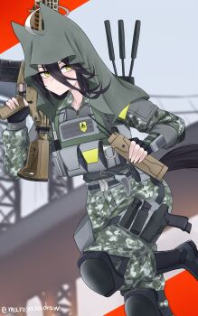 Rule 34 | 1girl, :/, absurdres, ahoge, ammunition pouch, assault rifle, battlefield (series), battlefield 6, black boots, black gloves, black hair, boots, brown pants, brown shirt, bulletproof vest, camouflage, camouflage pants, camouflage shirt, closed mouth, commentary request, dot mouth, fingerless gloves, gloves, grey veil, grey vest, gun, hair between eyes, hair through headwear, handgun, hands up, highres, holding, holding gun, holding walkie-talkie, holding weapon, holster, ibuki grunt, karambit, knee pads, knife, long hair between eyes, long sleeves, magazine (weapon), manhattan cafe (umamusume), multicolored hair, pants, pouch, radio antenna, rifle, sheath, shirt, solo, thigh holster, umamusume, veil, vest, walkie-talkie, weapon, white hair, yellow eyes