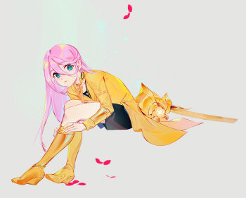 1boy aged_down androgynous armor black_shorts blue_eyes boots commentary_request gold_boots grey_background hachisuka_kotetsu invisible_chair long_hair looking_at_viewer male_focus ncww_rinichi petals pink_hair shirt shorts sitting solo sword touken_ranbu very_long_hair weapon white_shirt